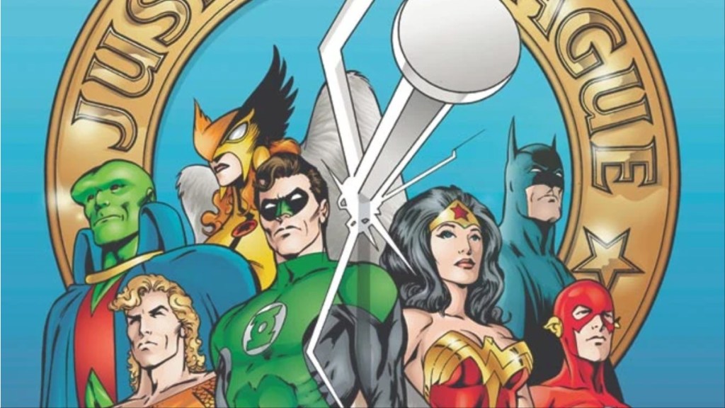 Hawkgirl, Martian Manhunter, Aquaman, Hal Jordan, Wonder Woman, the Flash, and Batman with a nail cracking the picture from the cover of JLA: The Nail #1