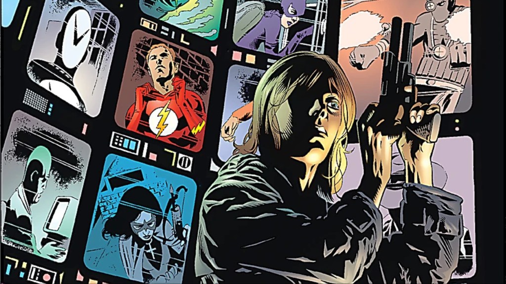 Agent Chase in front of screen showing the heroes of the DC Universe