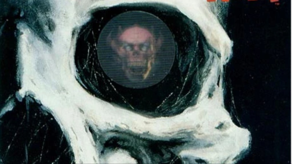 A skull with a demon in its eye