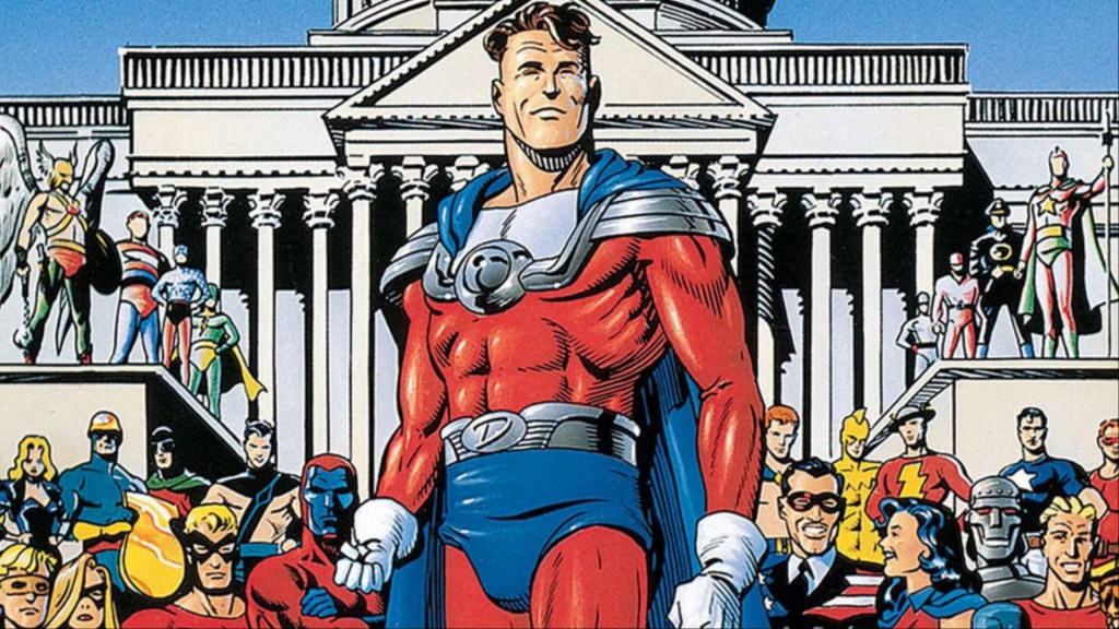 Dyna-man standing in front of the heroes of the Golden Age DC Universe